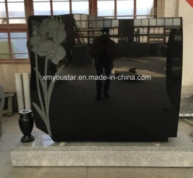 Supply Jet Black Flowers Engraving Headstone Tombstone Products in Memorial Garden