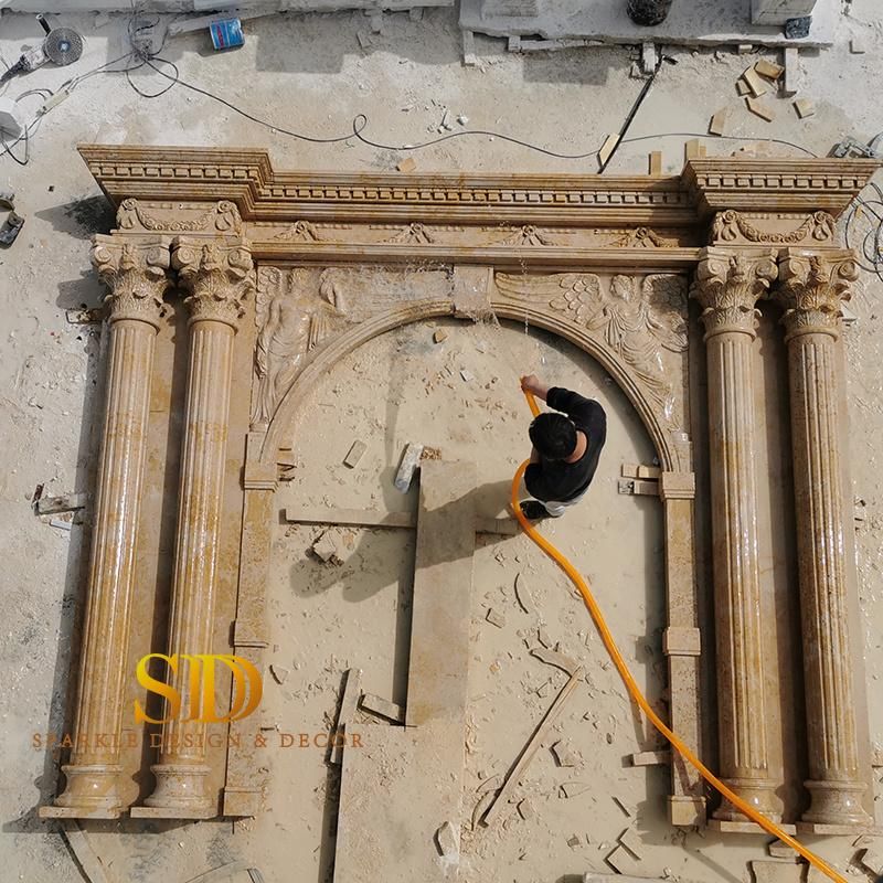 China Hand Carved Classic Round Yellow Marble Column/Pillar with Complicated Capital for Door Decor