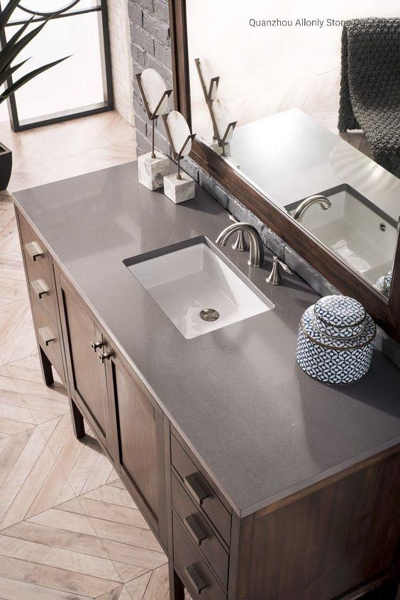 Double Sink Integrated White Bathroom Vanity with Grey Quartz Top