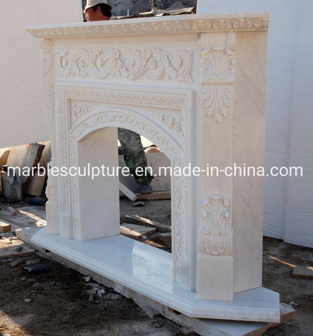 White Marble Fireplace with Flower Carving for Indoor Decoration (SYMF-093)
