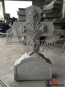 Grey Granite Cross Carving Flower Monument / Headstone