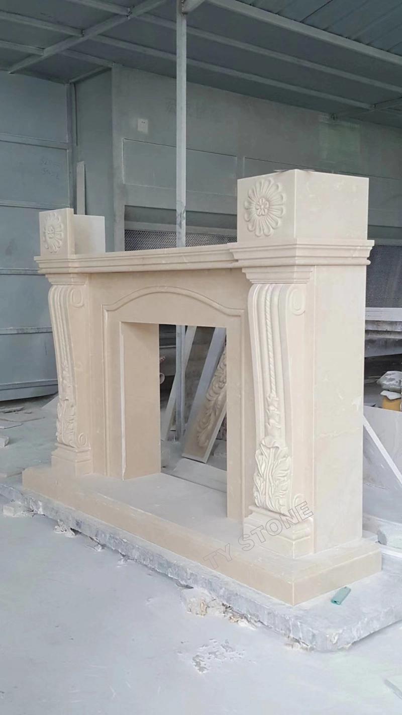Carved Beige Marble Fireplace Surround
