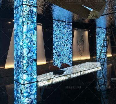Luxurious Cafe Salon Backlit Blue Agate Semi Precious Gemstone Natural Marble Stone Slab