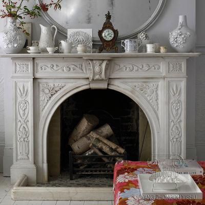 White Marble Fireplace Mantel with Floral Pattern