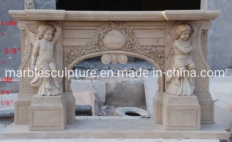 Babay Cherubs Beige Marble Fireplace with Surround Flowers (SYMF-081)