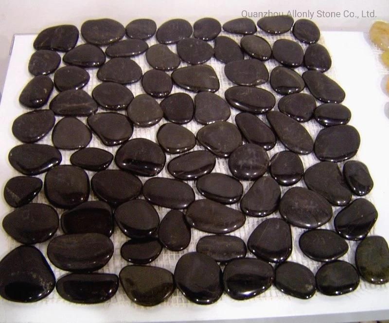 River Stone/ Beach Stones Meshed on Net Black Pebble Tile