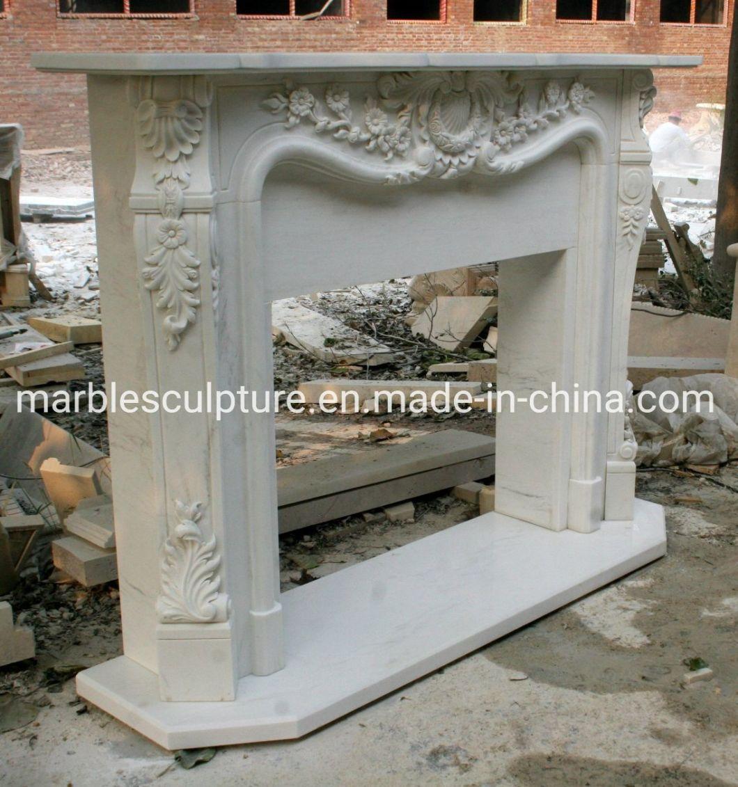 Beautiful Elegant Hand Carved Pure White Marble Fireplace (SYMF-182)