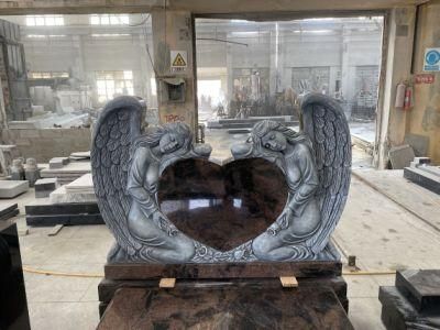 Granite Double Angel with Double Heart Carving Cemetery Headstone Monument