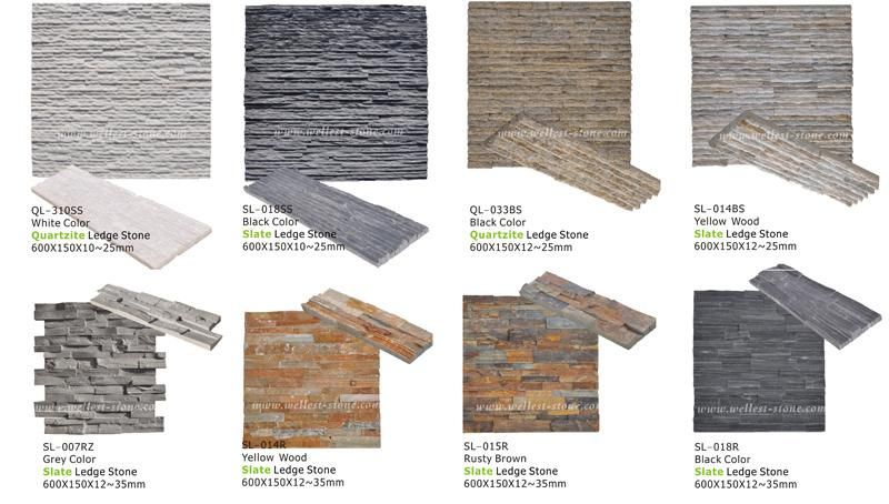 Interior Wall Decoration Black Quartz Stone Veneer, Quartzite Ledgestone Tile 18X35cm