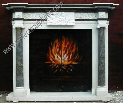 Relief Carving Colored Marble Fireplace Surround with Black Column (QY-LS095)