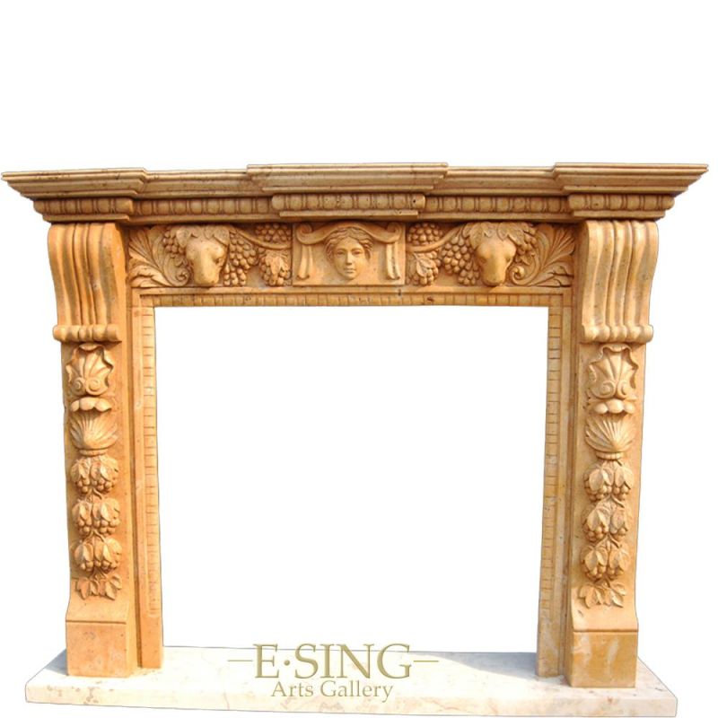 China Manufacturer Customize Yellow Marble Detail Hand Carved Stone Fireplace