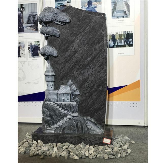 Big Mass Blue Granite Monument with Castle Church Carving