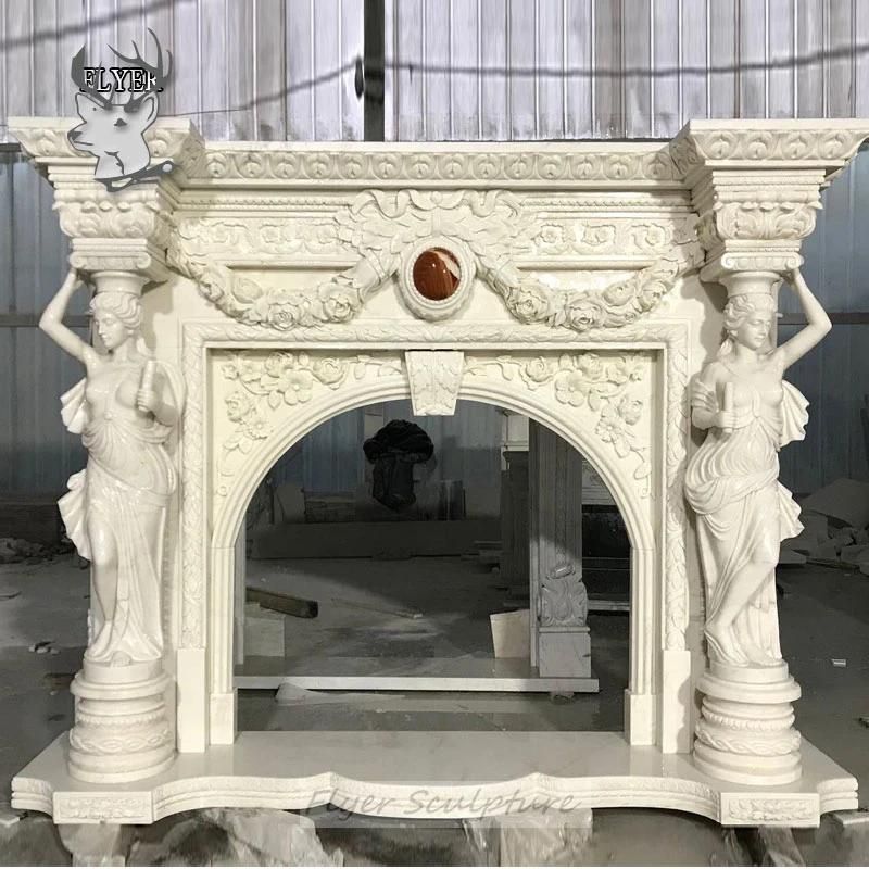 Western Style Luxury Beige Cream Marble Fireplace Mantel with Lady Statue