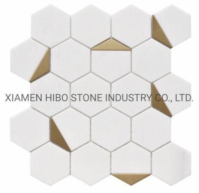 Crystal White Marble Stone Thassos Pure White Hexagon Mosaic with Gold Metal Mosaic Tile