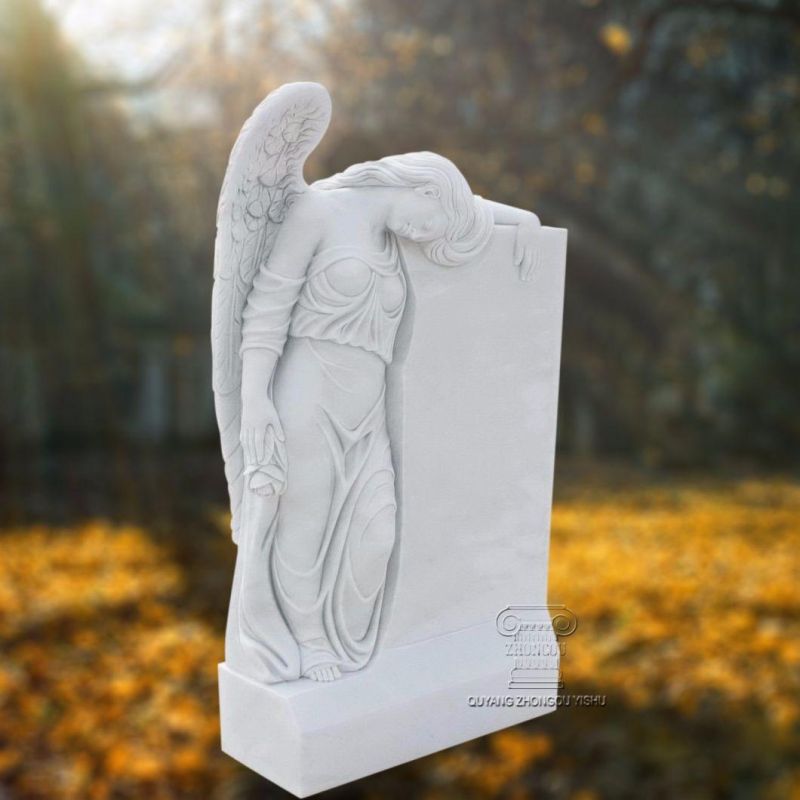 White Marble Tombstone or Monument with Angel Sculpture