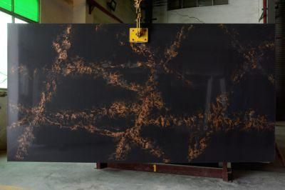 Calcatta Polished Surfaces Engineered Black Golden Quartz Stone. Slab with NSF SGS Certification