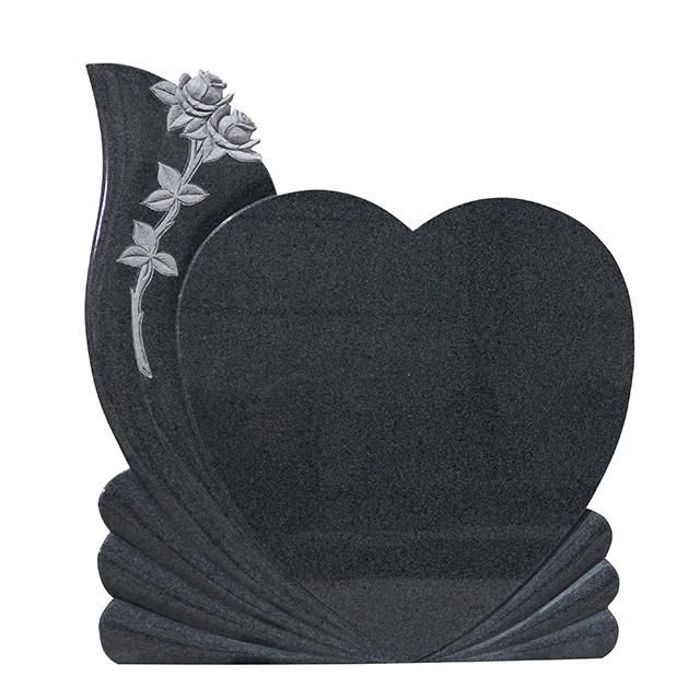 Beautiful Upright Heart Shape Black Granite Tombstones with Rose Carving
