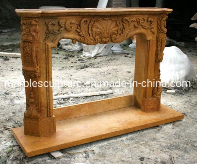 Factory Price Hand Carving Yellow Marble Stone Fireplace (SYMF-193)