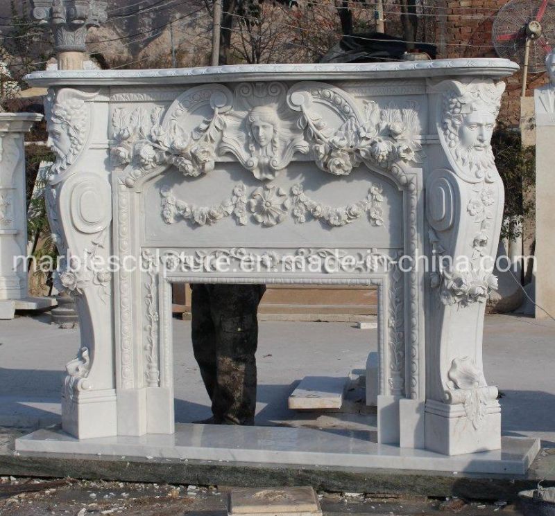 Custom Exquisite White Marble Stone Mantel Fireplace with Figures (SYMF-279)
