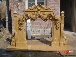 Yellow Marble Indoor Mantel Fireplace with Flower Carving
