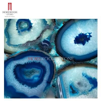 Luxury Translucent Backlit Gemstone Blue Agate Semi Precious Stones Residential Design Background Wall Kitchen Island Bar Countertop