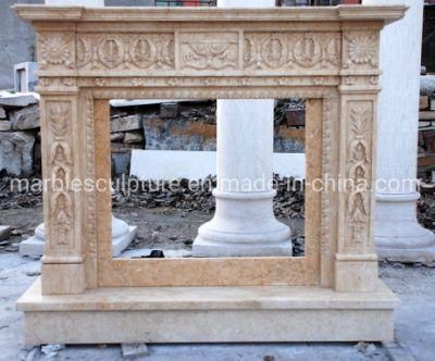 Natural Indoor Decorative Hand Carved Beige Marble Fireplace (SYMF-227)