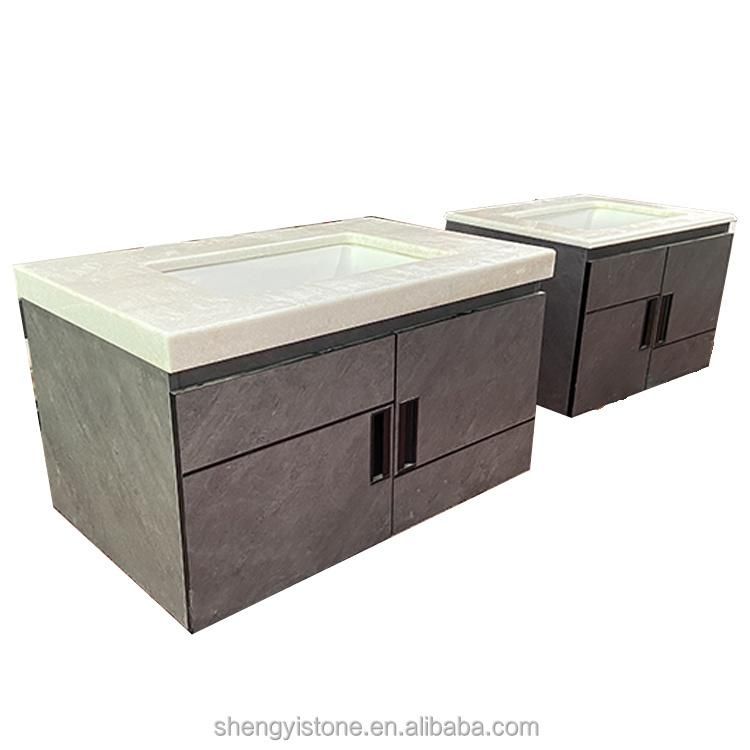 Modern White Wood Grain Bathroom Vanities Double Sink Waterproof Bathroom Cabinet Marble Countertop Vanity Tops