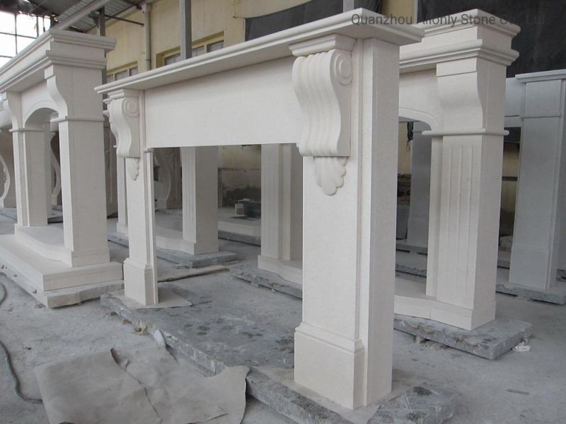 Customized Cream Bello White Limstone Fireplace for Indoor Living Room