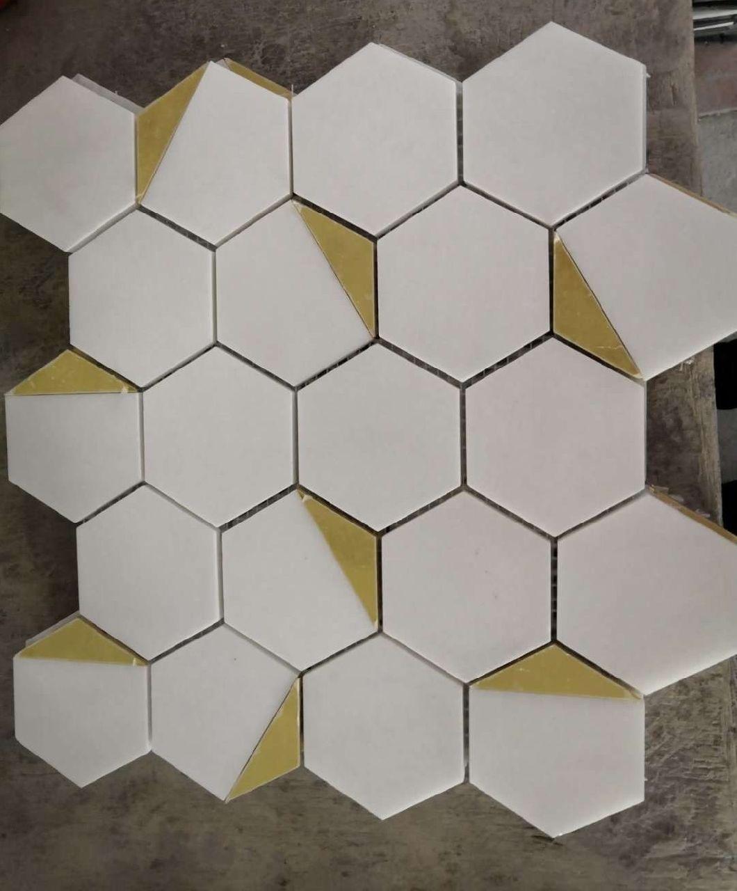 Hexagon White Marble Mosaic Tile Mixed Golden Metal Mosaic Tiles for Kitchen and Bathroom