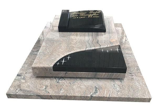 Indian Juparana Yellow Granite Gravestone with Black Open Book Sculpture