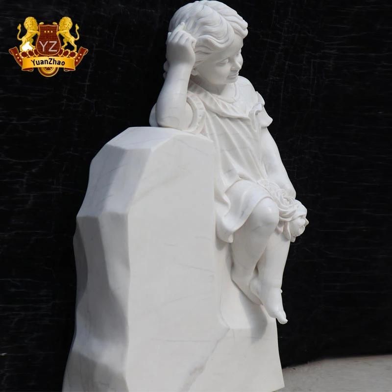 Cemetery Memorial Baby Girl Headstone Hand Carving Natural White Marble Kid Girl Statue Monument