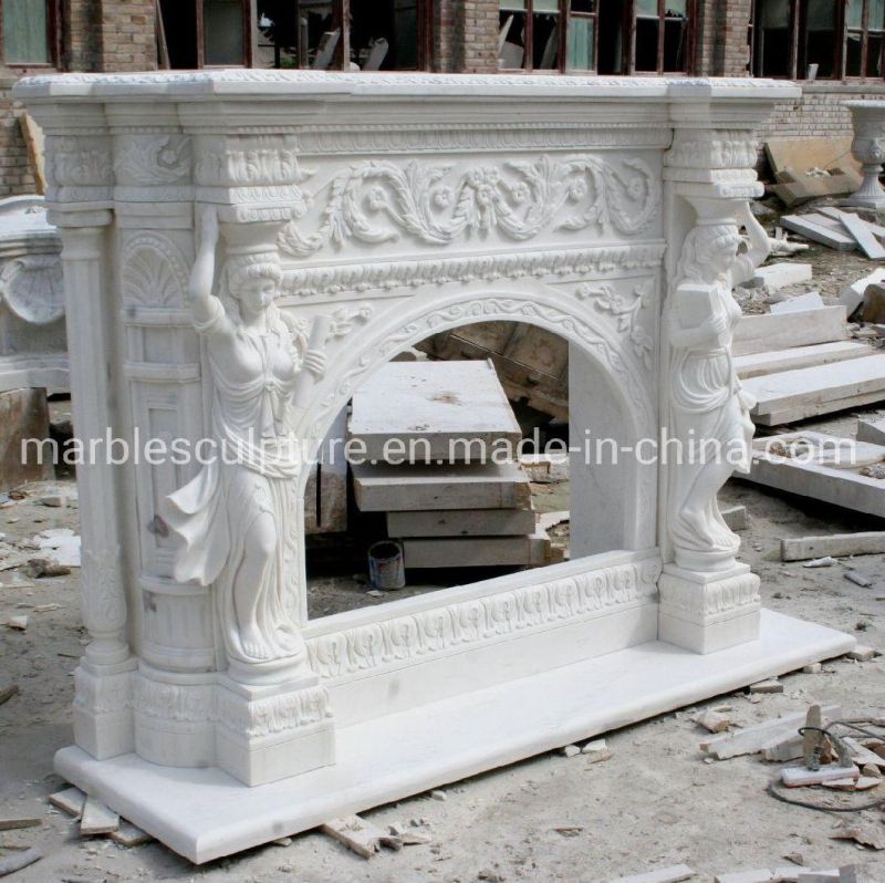 Pure White Marble Fireplace Carved Lady Figure Statue Sculpture (SYMF-260)