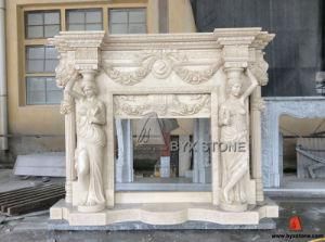 Cream Marfil Beige Marble Fireplace with Lady Carving