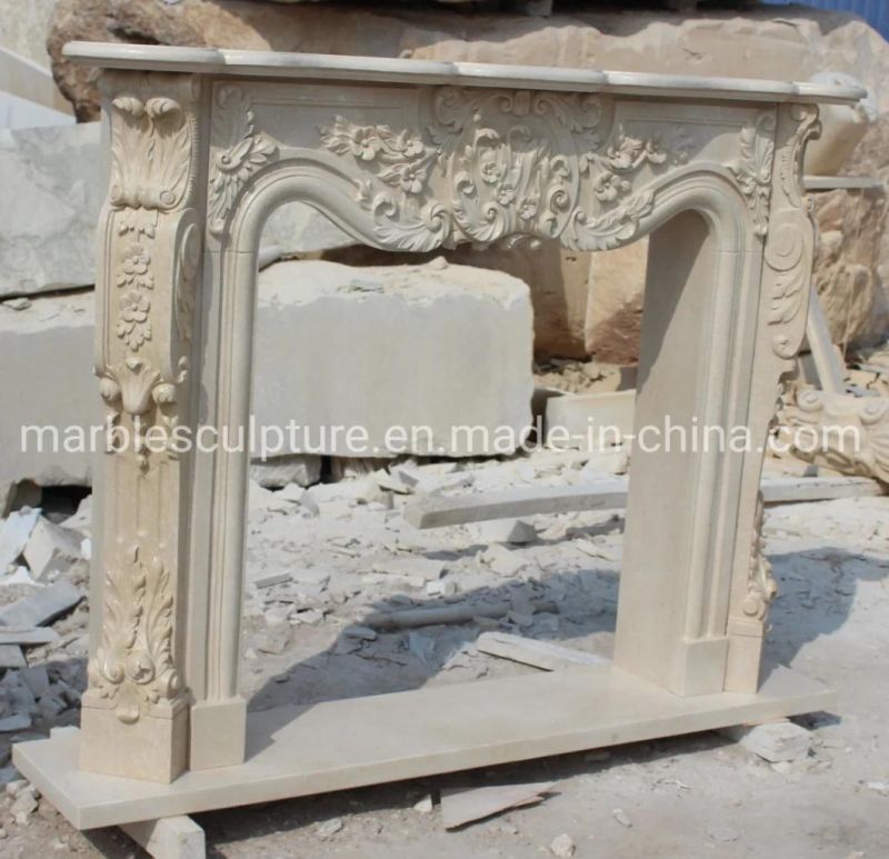 Classic Beige Marble Fireplace Mantel Carved Flowers (SYMF-313)