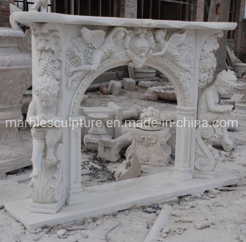 Exquisite Pure White Marble Fireplace Hand Carved Angel (SYMF-263)