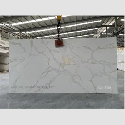 Artificial Calacatta White Quartz Slab Grey/Gold Veins for Kitchen Countertops