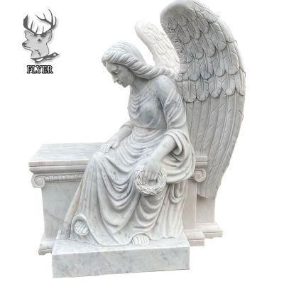 Beautiful Life Size White Marble Angel Headstone Memorial Bench Tombstone