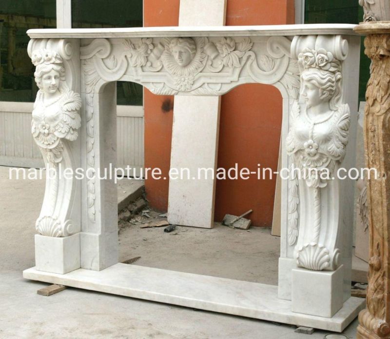 Factory Price White Marble Fireplace with Figures Carved (SYMF-110)