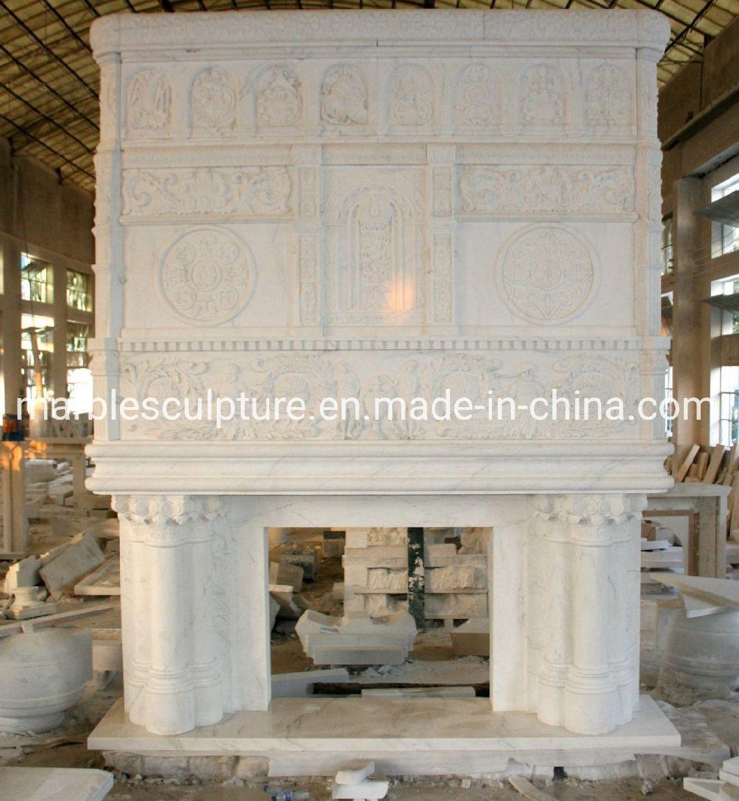 Hand Carved European Style White Marble Fireplace with Overmantel (SYMF-138)