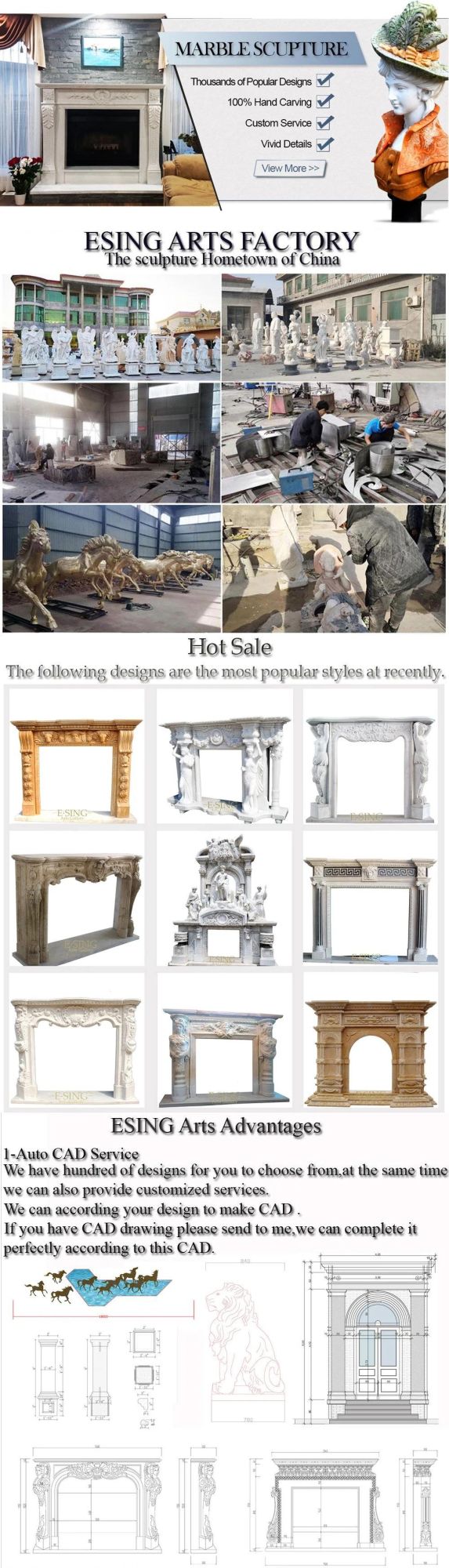 Good Carving Modern Large Mix Color Marble Fireplace
