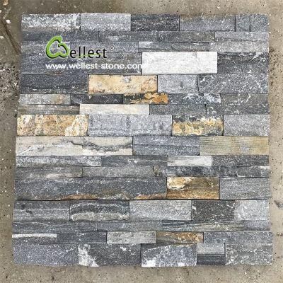 Grey Blue Rustic Mixed Color Quartzite Ledge Stacked Culture Stone for Exterior Feature Garden Retaining Wall of Villa and Castle
