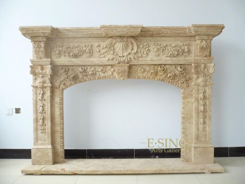China Manufacturer Customize Yellow Marble Detail Hand Carved Stone Fireplace