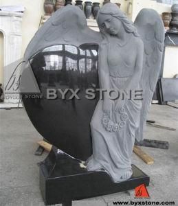 Black Granite Angel Headstone / Tombstone with Carved Heart