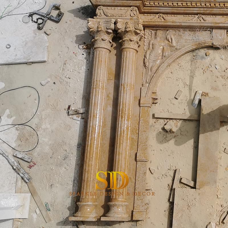 China Hand Carved Classic Round Yellow Marble Column/Pillar with Complicated Capital for Door Decor