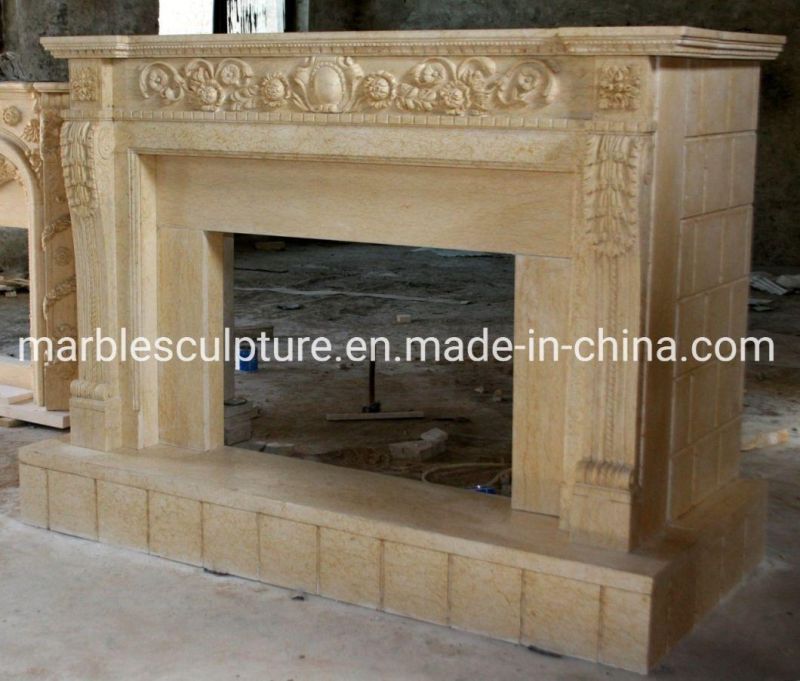 Hot Sale Indoor Natural Stone Beige Marble French Fireplace (SYMF-076)