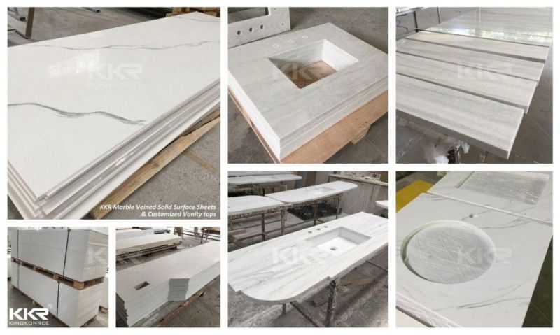 White Solid Surface Stone One Piece Bathroom Countertop with Sink