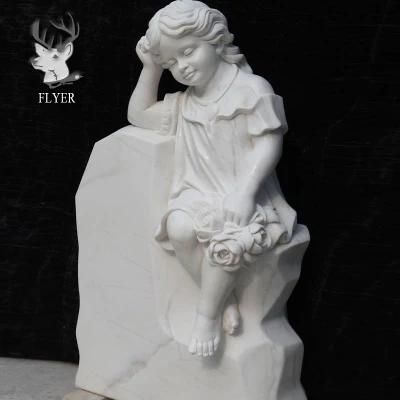 Cemetery Memorial Baby Girl Headstone Hand Carving Natural White Marble Kid Girl Statue Monument