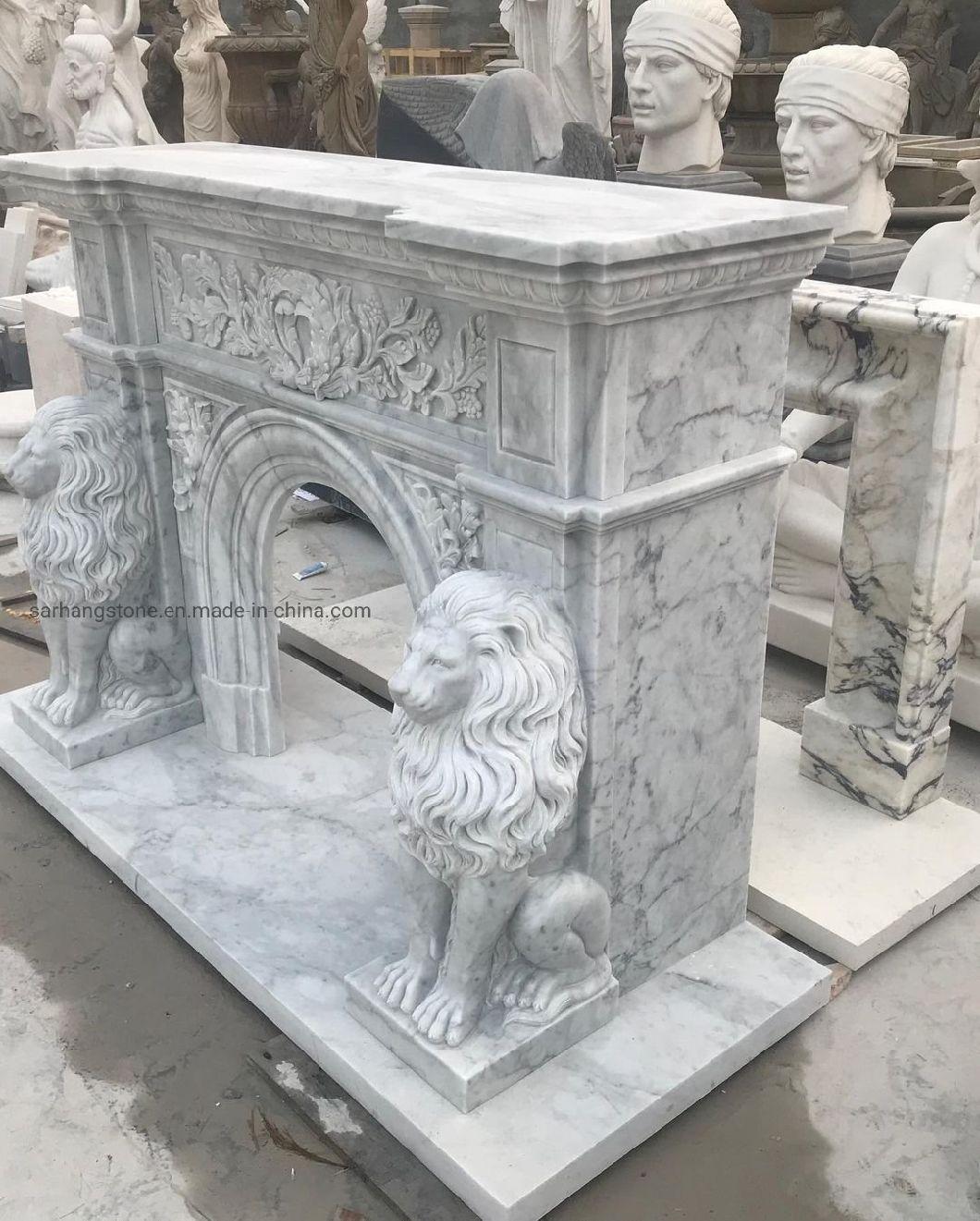 Customzied Styles Marble Lion Statue Fireplace Surround Mantel Sculpture