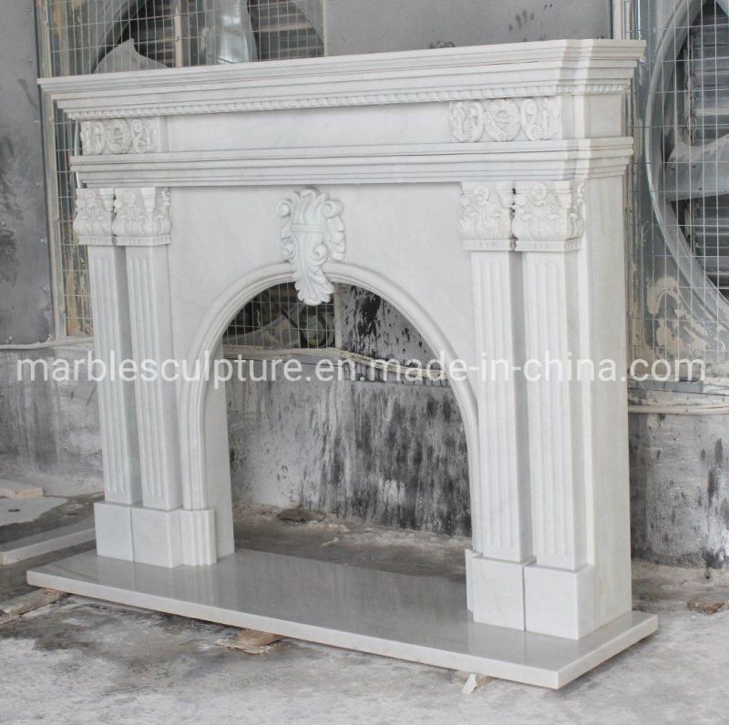Hand Carved European Style White Arched Marble Fireplace Mantle (SYMF-318)