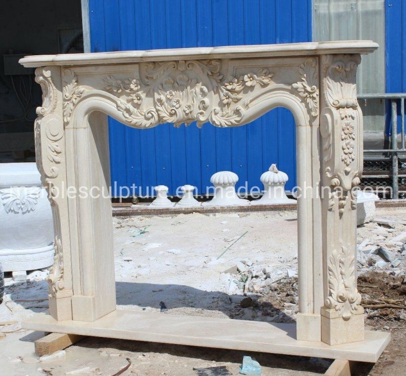 Natural Indoor Decorative Hand Carved Beige Marble Fireplace (SYMF-319)